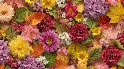A colorful arrangement of autumn flowers and leaves, including pink, purple, yellow, and orange hues, set against a textured background with visible veins and a mix of soft and sharp textures.