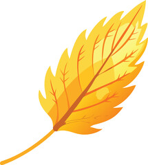 A brightly colored illustration of a single vibrant autumn leaf in golden hues