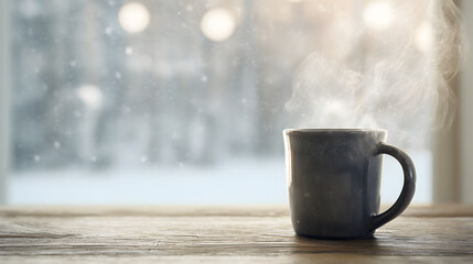 Hot winter coffee by snowy window