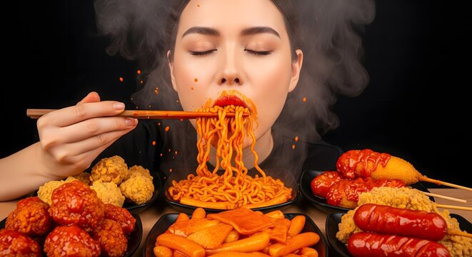 Close-up of Woman Eating Spicy Korean Ramen and Street Food in a Mukbang Scene