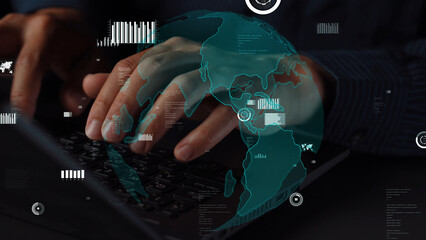 A close-up image of a person typing on a laptop, overlaid with a digital map and data graphics, symbolizing global connectivity and modern technology in business interactions. Xenic