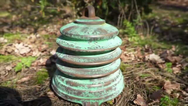 A tarnished, green multi-tiered insulator sits in foliage, possibly aged copper due to the verdigris and patina