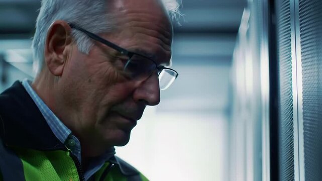 A technician with glasses inspecting server racks, wearing a high-visibility vest, in a cool-toned server room