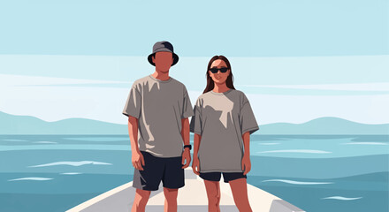 Stylish couple enjoying a summer boat trip with beautiful blue ocean backdrop, perfect for vacation, travel, or fashion marketing campaigns