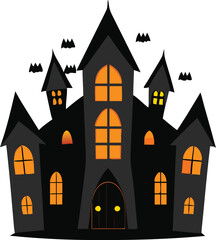 A spooky haunted house illustration with glowing windows and silhouetted bats flying around