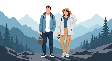 Adventurous couple ready to explore stunning mountain landscape perfect for travel blog, outdoor gear marketing, and adventure tourism promotion