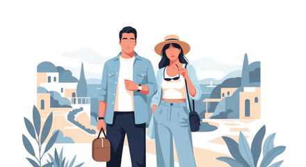Stylish couple exploring charming Mediterranean town on summer vacation, perfect for travel blog or vacation rental website, showcasing joy and adventure