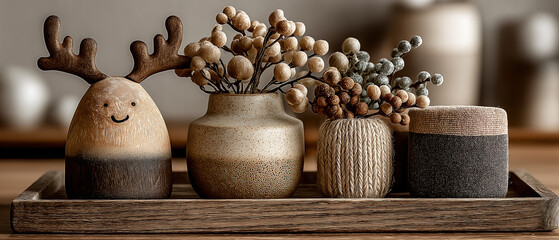 Rustic christmas decor with reindeer and vases on wooden tray holiday