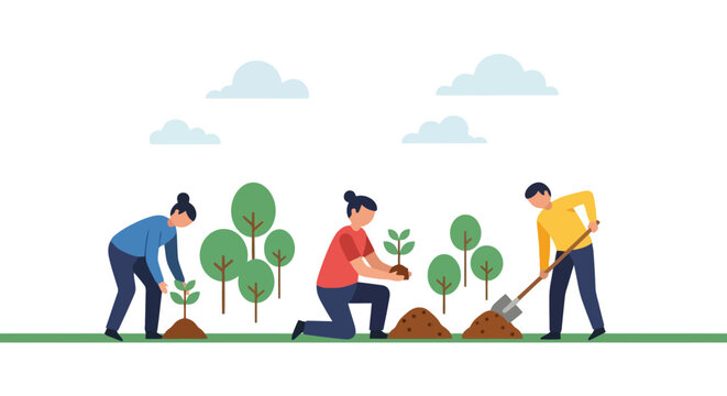 Diverse Community Planting Trees Together Outdoors Environmental Conservation and Growth Concept Vector Illustration