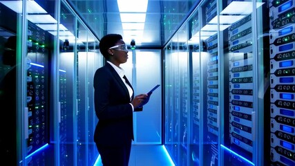 Woman Inspecting Server Room with Tablet: Modern Data Center Management and Cyber Security