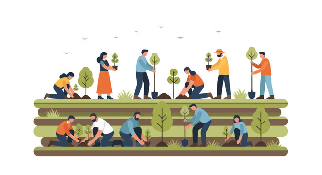 Diverse Group of People Planting Trees and Saplings in a Lush Green Community Garden Ecosystem
