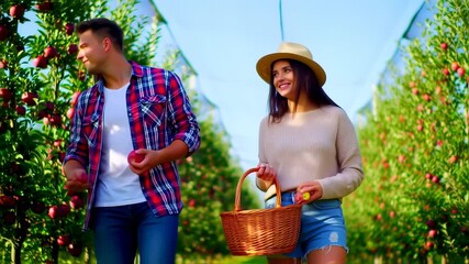 Couple harvesting fresh apples in an orchard, enjoying a sunny day and healthy lifestyle, smiling