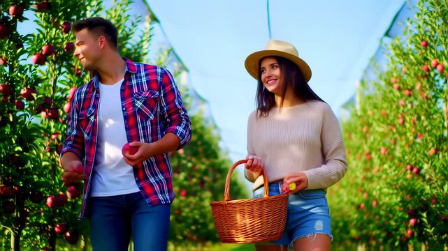 Couple harvesting fresh apples in an orchard, enjoying a sunny day and healthy lifestyle, smiling