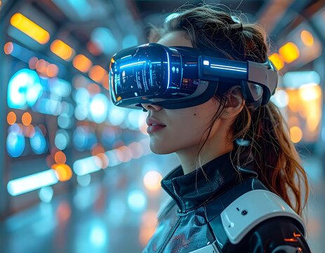 A person with dark hair wears a futuristic VR headset, set within a blurred, glowing-light corridor