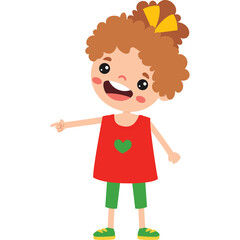 Cartoon Child Girl With Curly Brown Hair Wearing A Red Shirt With A Green Heart And Green Pants Smiling Happily While Pointing Forward