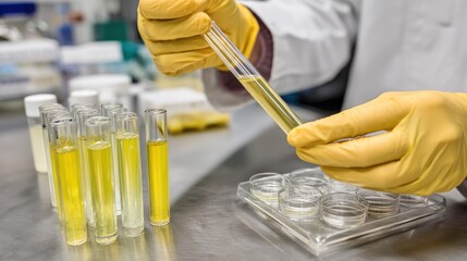 A scientist in a lab coat and gloves holds a test tube containing yellow liquid, with several test tubes and petri dishes in the background.