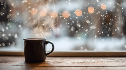 Hot winter coffee by snowy window
