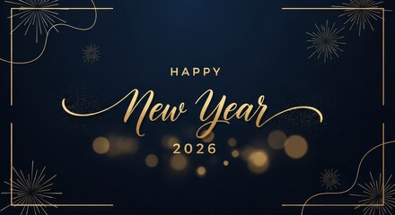 Happy New Year Celebration 2026 - Elegant New Year card with golden script. Sparkles, lights, and decorative borders symbolize joy, celebration, prosperity, hope, and new beginnings