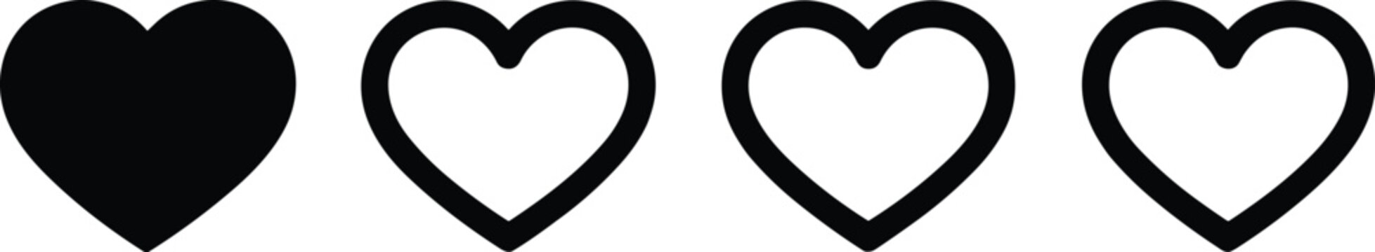 Four black heart icons illustrating concepts of love, like, favorite, and health on a clean background