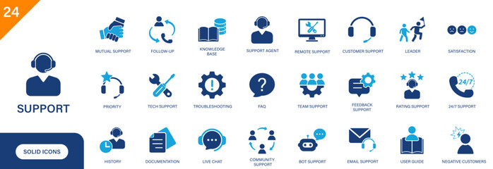 Support icon. Includes support agent, customer support, service, help. Solid vector icon set.