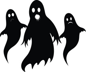 Three spooky black ghost silhouettes with sad and scared expressions floating together