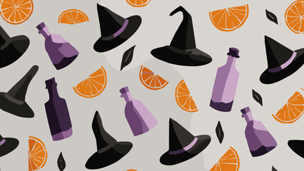 Whimsical Halloween Pattern Featuring Witch Hats Bottles and Orange Slices.
