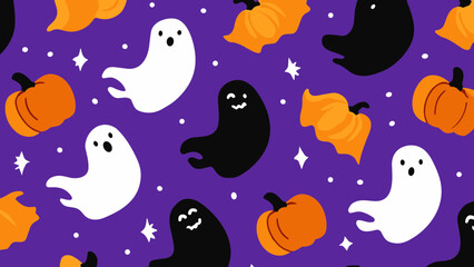 Whimsical Halloween Pattern Featuring Ghosts Pumpkins and Stars on Purple Background.