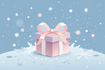 A beautifully wrapped gift sits atop a snow covered hill in winter