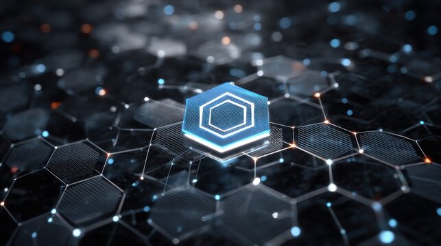 A hexagonal grid with a blue and white hexagon in the center, surrounded by a network of hexagons and lines, against a dark background with a glowing blue hexagon in the center.