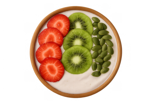 Healthy breakfast bowl with fresh strawberries, kiwi, pumpkin seeds on yogurt, a nutritious and balanced meal