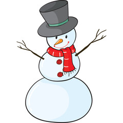 Whimsical Cartoon Snowman Wearing a Top Hat and Red Scarf with Stick Arms and Carrot Nose on Transparent Background