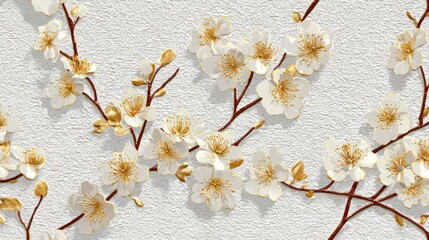 A white textured wall with a floral pattern of white flowers with gold accents and green leaves, set against a white background with a subtle texture.