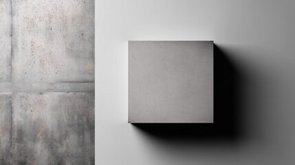 A concrete cube with a shadow on a white wall, with a concrete wall in the background.