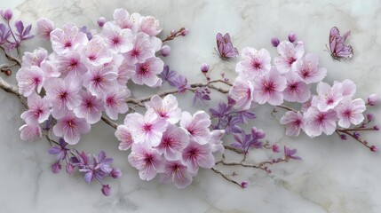 A branch of cherry blossoms with purple and pink flowers, set against a marble background with a butterfly.