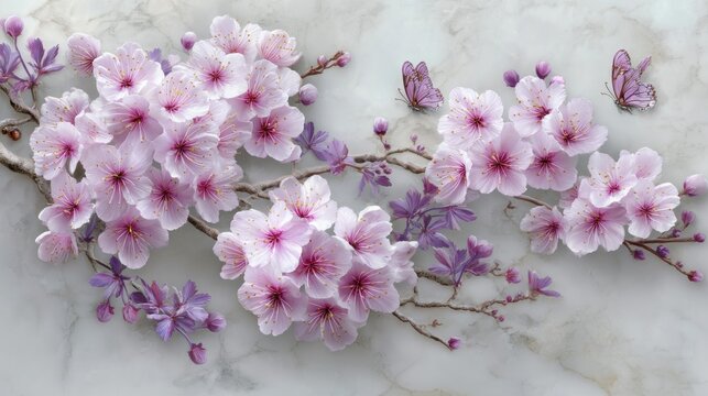 A branch of cherry blossoms with purple and pink flowers, set against a marble background with a butterfly.