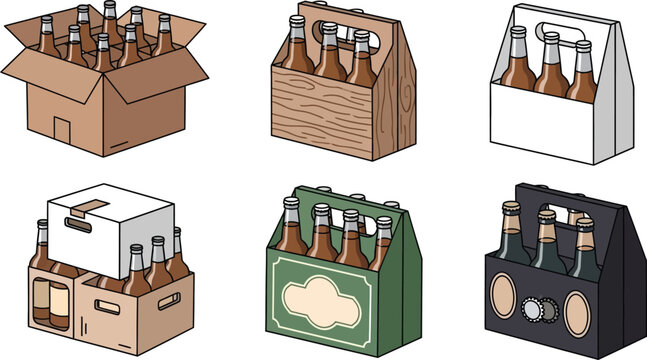 Assorted Beer Bottles in Box and Carrier on Transparent Background