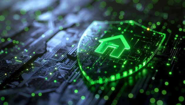Digital Home Protection: A neon green shield featuring a house icon symbolizes robust security in the digital era, safeguarding a virtual home against threats. - Powered by Adobe