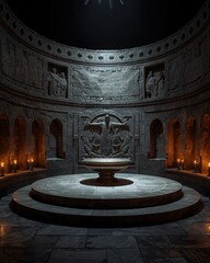 Obraz premium Ancient Circular Chamber with Ornate Sculptures and Flickering Candlelight