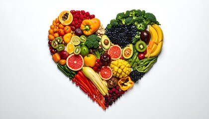 A colorful heart shape made of various healthy fruits and vegetables on a white surface