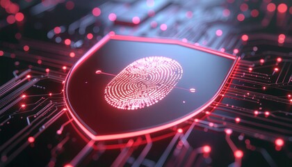 Digital Fortress: A glowing fingerprint is embedded within a digital shield, representing secure access and robust data protection in a cyber environment.