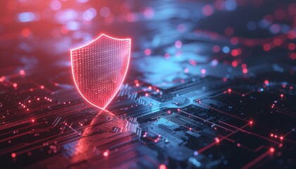 Cyber Shield: A glowing digital shield, illuminated by vibrant red and blue hues, hovers protectively over a complex circuit board, symbolizing data security and digital protection. 