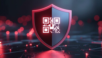 QR Code Security: The image is of a digital shield emblazoned with a QR code, representing secure data protection and online safety.
