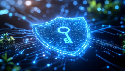 Cybersecurity Shield: A vibrant, neon-lit shield emblazoned with a key, symbolizing digital security and data protection, hovering over an intricate circuit board.