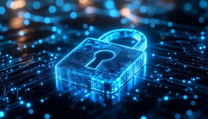 Digital Security:  A glowing lock symbolizes data protection and cybersecurity, a visual representation of the digital realm. 