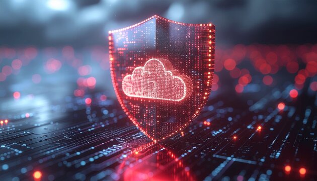 Cybersecurity and Digital Fortress: An illuminated digital shield protects a cloud icon, symbolizing the safeguards and innovations essential for ensuring network safety.