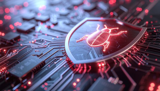 Digital Defense: An abstract digital shield with an illuminated bug symbol on a circuit board, representing the concepts of security, cyber protection, and the battle against digital threats.