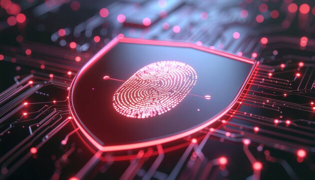 Digital Fortress: A glowing fingerprint is embedded within a digital shield, representing secure access and robust data protection in a cyber environment.