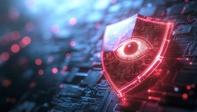 Cyber Security Shield: A glowing digital shield, emblazoned with an eye symbol, is superimposed on a complex circuit board, symbolizing vigilance and data protection in the digital age. 