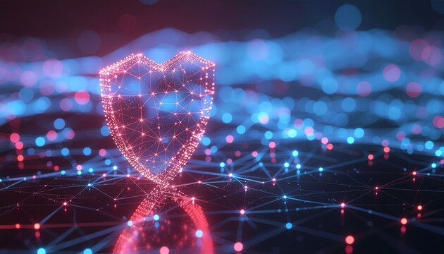 Digital Security Shield: A luminous, high-tech shield representing the protection of data, networks, and digital assets. It embodies cybersecurity in the face of complex digital threat. 