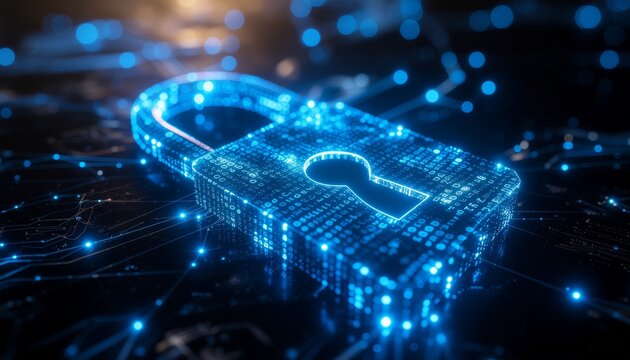 Digital Security Icon: A radiant digital lock, formed from interconnected circuit nodes, glows with an ethereal light, signifying the essential protection of data and systems in the digital age.